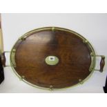 EDWARDIAN OAK OVAL TRAY, twin handled with plated mount and gallery, 54cm width