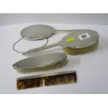SILVER DRESSING TABLE SET, engine turned decorated hand mirror, 2 brushes and comb (some damage)