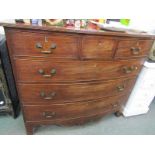 LATE GEORGIAN MAHOGANY BOW FRONT CHEST, 3 short and 3 long graduated drawers, brass swan neck