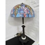 LIGHTING, Tiffany-style leaded glass large shade, on ornate metal writhen column table lamp, 82cm