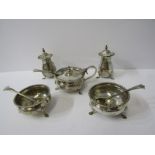 SILVER CONDIMENT SET, 5 piece fluted surround condiment set with 3 spoons, 230 grams