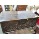 ANTIQUE OAK BIBLE BOX, with carved facade and remains of ironwork, 42cm width