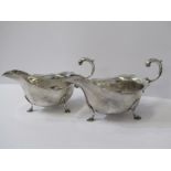 PAIR OF SILVER SAUCE BOATS, Georgian design scallop edge sauce boats with scroll handle and hoof