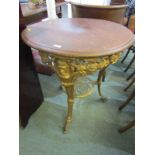 W G GRACE PUB TABLE, gilt cast iron base, circular pub table with mask of the cricketer, 64cm