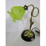 ANTIQUE LIGHTING, table top brass adjustable support table light with yellow vaseline glass shade,