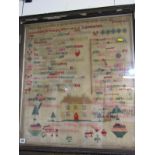 VICTORIAN SAMPLER, coloured embroidered sampler by Minnie Weare of Chawstoke, 57cm x 62cm