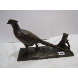 VINTAGE TABLE LIGHTER, patinated metal table lighter in the form of pheasant by tree stump, 31cm