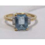 18ct YELLOW GOLD AQUAMARINE & DIAMOND RING, principal rectangular cut aquamarine in excess of 2