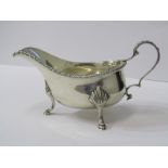 SILVER SAUCE BOAT, Georgian design double scroll handled sauce boat on 3 hoof feet and fluted rim,