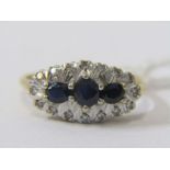18ct YELLOW GOLD SAPPHIRE & DIAMOND CLUSTER RING, 3 graduated mix cut sapphires surrounded by a