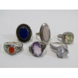 6 SILVER RINGS, all stone set including lapis, mother of pearl, carnelian, etc