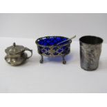 CHINESE SILVER TUMBLER, decorated with water flowers; also Victorian silver oval salt a/f and lidded