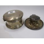 SILVER INKWELL & CIRCULAR TRINKET POT, inkwell with glass liner and weighted base 9cms diameter