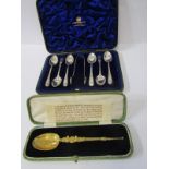 CASED SILVER GILT ANOINTING SPOON REPLICA; together with cased set of 6 ornate handled teaspoons and
