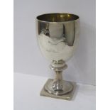 GEORGIAN SILVER CHALICE, square base with engraved garlands design, London possibly 1778, 17cm