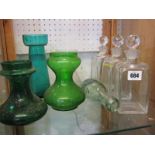 GLASSWARE, 3 square base decanters, Hamilton glass bottle by Geake Brothers and 4 colour glass