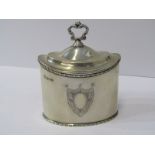 GEORGIAN DESIGN SILVER OVAL TEA CADDY, bright cut decoration with regimental presentation