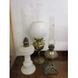 OIL LAMPS, Edwardian cast metal base brass oil lamp also Victorian milk glass oil lamp base & 1