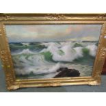 DOUGLAS PINDER, signed oil on canvas "Cornwall Atlantic Ocean Rollers", 58cm x 89cm