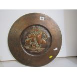 CORNISH COPPER, possibly Hayle copper circular dish embossed with Galleon scratchwork numbers on