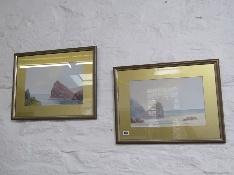 STYLE OF FREDERICK WIDGERY, pair of signed gouaches, "Coastal Scenes", 24cm x 36cm