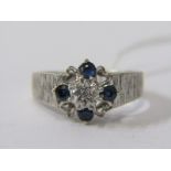 9ct WHITE GOLD SAPPHIRE & DIAMOND CLUSTER RING, size N/O