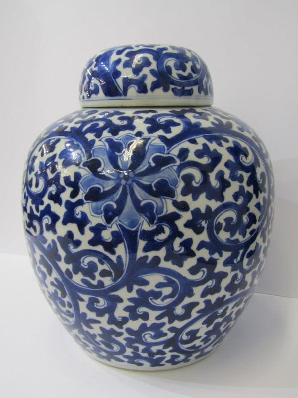 ORIENTAL CERAMICS, Chinese underglaze blue lidded ginger jar, ornate foliate scroll and water lily