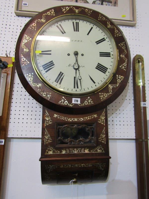 19th CENTURY ROSEWOOD DROP DIAL MOTHER OF PEARL INLAID WALL CLOCK, signed Evans of Malvern, 52cm - Image 2 of 8