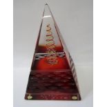 MURANO, an impressive red glass pyramid centre piece, 31cm height signed and with label