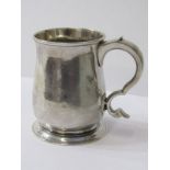 18th CENTURY SILVER TANKARD, bell shaped with double scroll handle, rubbed mid 18th Century assay