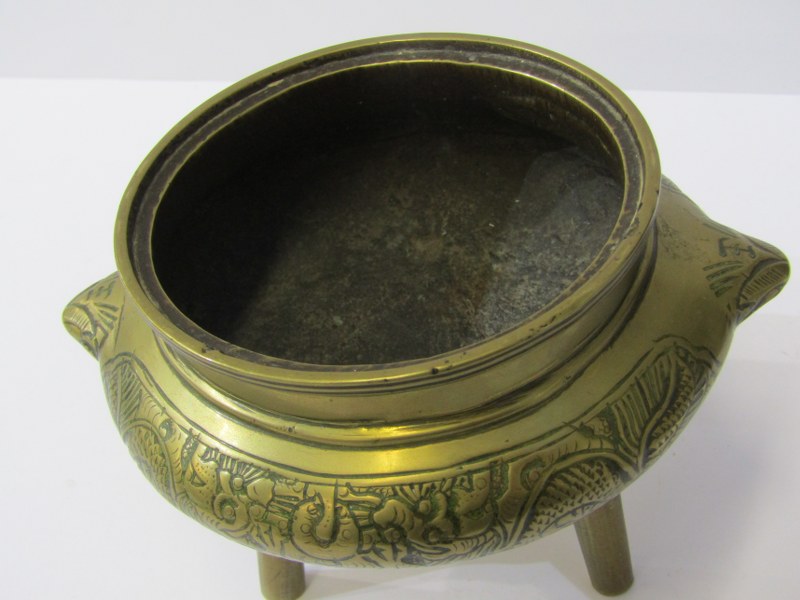 ORIENTAL METALWARE, Chinese brass temple censor, on tripod base and dragon engraved decoration, - Image 6 of 16