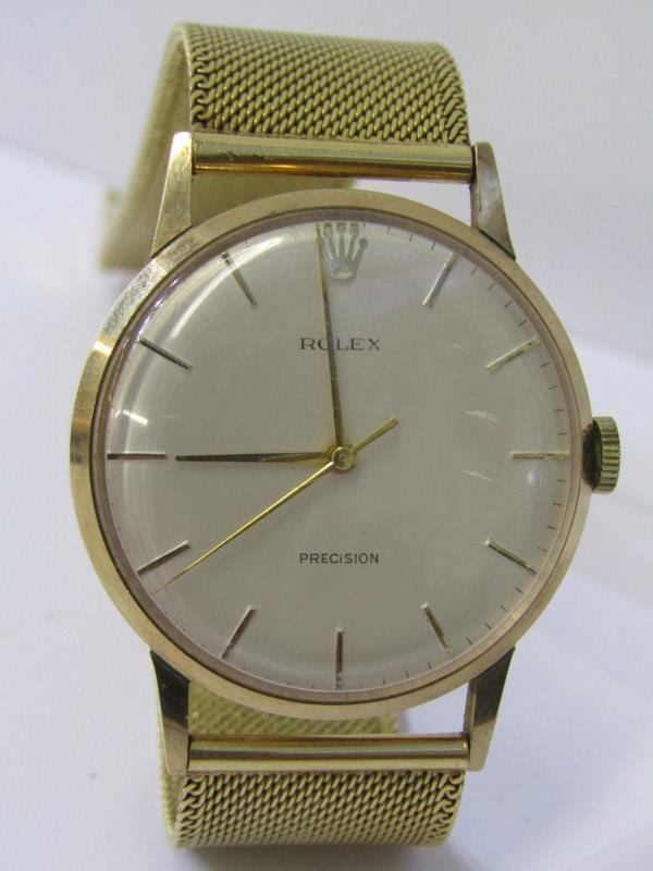 VINTAGE 9ct YELLOW GOLD ROLEX PRECISION MANUAL WIND WRIST WATCH, circa 1964, on 9ct yellow gold mesh