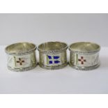 SILVER SERVIETTE RINGS, 3 nautical enamelled flag souvenir silver serviette rings, pair for R.M.S.