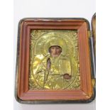 RUSSIAN ICON, cabinet cased brass faced icon of Saint holding Bible, with embossed floral