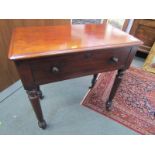 VICTORIAN MAHOGANY OCCASIONAL TABLE, single drawer with tapering turned legs and castors, 69cm width