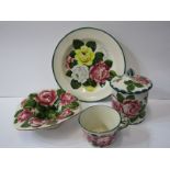 WEMYSS, rose decorated lidded preserve pot, hat shaped posy, plate and cup