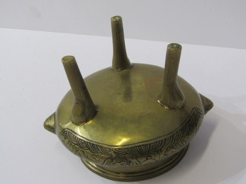 ORIENTAL METALWARE, Chinese brass temple censor, on tripod base and dragon engraved decoration, - Image 7 of 16