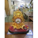 19th CENTURY FRENCH MANTEL CLOCK, richly gilded glass domed mantel clock with inset Sevres-style