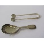 GEORGIAN SILVER CADDY SPOON, London 1826, together with Eastern silver tongs