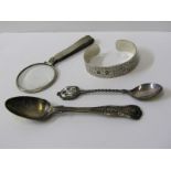 SILVER FRAMED MAGNIFYING GLASS, a modern silver bangle, silver enamel spoon and 1 other