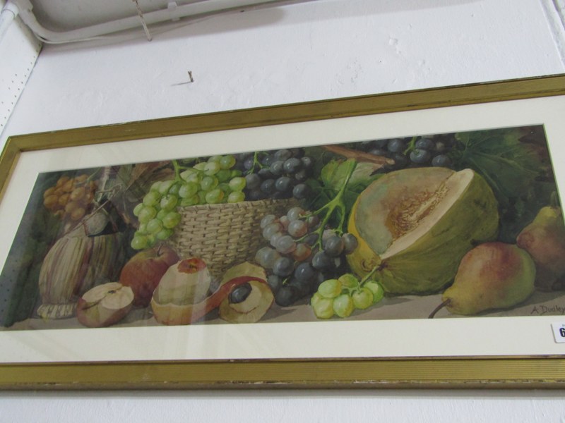 A.DUDLEY, signed watercolour "Still Life of Fruit and Basket", 24cm x 76cm - Image 2 of 8