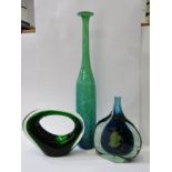 HOLMEGAARD, green glass table ornament, 17cm height; also Mdina tall bottle flask, 48cm height and