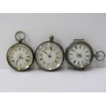 3 LADIES SILVER CASED POCKET WATCHES, all with foliate engraved decoration and key wind with