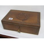 CIGAR BOX, carved mahogany cigar box with Royal Artillery emblem to top, 31cm width, also a silk