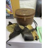 MILITARY, WWI leather horse's gas mask, also vintage metal storage box and pony leather saddle