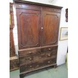 GEORGIAN DESIGN MAHOGANY LINEN PRESS, twin panelled doors on chest base of 2 short and 2 long