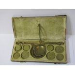 18th CENTURY COIN SCALES & WEIGHTS, original case, with 20 coin replica weights, balance scales