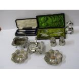 SILVERPLATE, pair of milk churn design condiments, Victorian cased preserve set and butter blades,