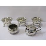 SILVER CONDIMENTS, 3 silver lobed edge salts on hoof feet, Birmingham 1905/07 together with 2