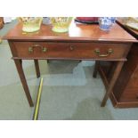 EARLY 19TH CENTURY MAHOGANY SINGLE DRAWER DESK, brass swan neck handles and chamfered legs, 84cm